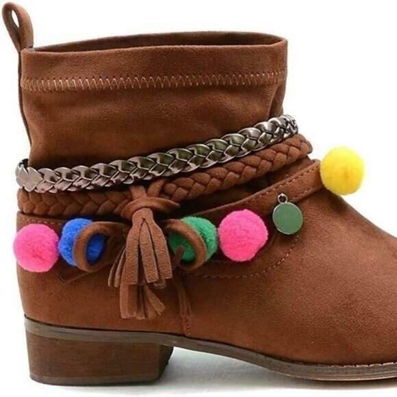 Funky Cowgirl Tan Braided Anklet Removable Pom Pom Charm Vegan Boots NIB Western - Picture 3 of 5